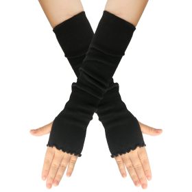 Women Wear Solid Color Warm Lotus Leaf Extended Gloves (Option: Black-One size)