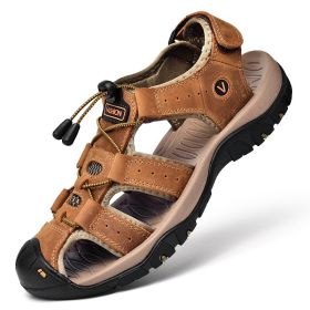 Men Summer Leather Sandal Outdoor Casual Shoe Man Mountain Hiking Sandals Non-slip High Quality Trekking Sandal Plus Size 46 (Color: Light brown, size: 40)