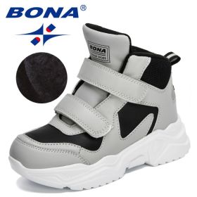 BONA 2022 New Designers Classics Hiking Shoes Kids Plush Sneakers Boys Girls Ankle Shoes Children Winter Boots Breathable Child (Color: Light gray black, size: 5.5)