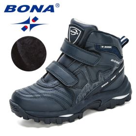 BONA 2020 New Designers High Top Winter Footwear Children Snow Skiing Hiking Fashion School Wearing Shoes Kids Plush Warm Boots (Color: Deep blue S gray, size: 3)