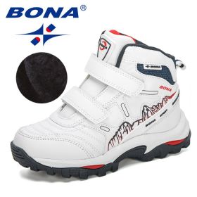BONA 2020 New Designers High Top Winter Footwear Children Snow Skiing Hiking Fashion School Wearing Shoes Kids Plush Warm Boots (Color: White deep blue, size: 5)