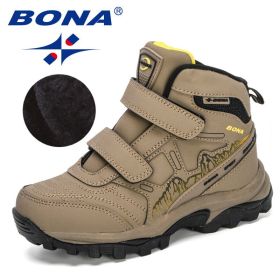 BONA 2020 New Designers High Top Winter Footwear Children Snow Skiing Hiking Fashion School Wearing Shoes Kids Plush Warm Boots (Color: Medium grey black, size: 4)