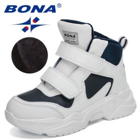 BONA 2022 New Designers Classics Hiking Shoes Kids Plush Sneakers Boys Girls Ankle Shoes Children Winter Boots Breathable Child (Color: White deep blue, size: 3)