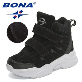 BONA 2022 New Designers High Top Snow Boots Warm Plush Lining Walking Shoes Child Comfortable Anti-Slip Hiking Shoes Children (Color: Black silver gray, size: 5)