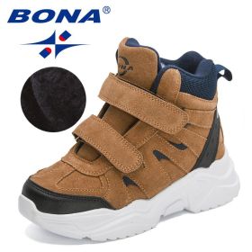 BONA 2022 New Designers High Top Snow Boots Warm Plush Lining Walking Shoes Child Comfortable Anti-Slip Hiking Shoes Children (Color: Light brown black, size: 4.5)