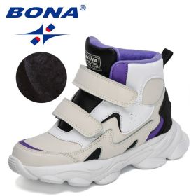 BONA 2022 New Designers High Top Winter Hiking Shoes Children Warm Sports Shoes Boys Non-slip Outdoor Plush Ankle Boots Girls (Color: Light beige purple, size: 3.5)