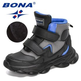 BONA 2022 New Designers High Top Winter Hiking Shoes Children Warm Sports Shoes Boys Non-slip Outdoor Plush Ankle Boots Girls (Color: Black royal blue, size: 5.5)
