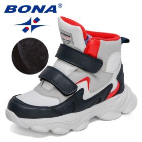 BONA 2022 New Designers High Top Winter Hiking Shoes Children Warm Sports Shoes Boys Non-slip Outdoor Plush Ankle Boots Girls (Color: White deep blue red, size: 3.5)