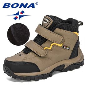 BONA 2020 New Designers Outdoor Hiking Boots Kids Leather Mountain Boots Children Climbing Sport Snow Shoes Boys Plush Warm (Color: Medium grey black, size: 4.5)