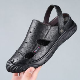 Leather Sandals Men's Summer 2021 New Soft Leather Casual Beach Shoes Men's Wear-resistant Baotou Slippers Men Hiking Sandals (Color: Black, size: 38)