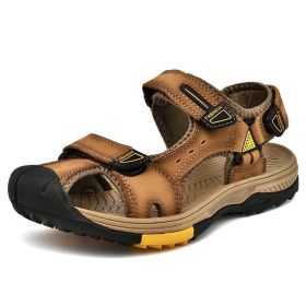 New Fashion Breathable Men Sandals Genuine Leather Summer Beach Shoes Men Slippers Causal Shoes Hiking Sandals Plus Size 38-46 (Color: Khaki, size: 45)
