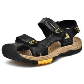 New Fashion Breathable Men Sandals Genuine Leather Summer Beach Shoes Men Slippers Causal Shoes Hiking Sandals Plus Size 38-46 (Color: Black, size: 39)
