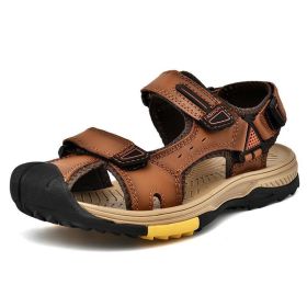 New Fashion Breathable Men Sandals Genuine Leather Summer Beach Shoes Men Slippers Causal Shoes Hiking Sandals Plus Size 38-46 (Color: Auburn, size: 44)