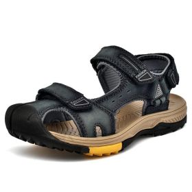 New Fashion Breathable Men Sandals Genuine Leather Summer Beach Shoes Men Slippers Causal Shoes Hiking Sandals Plus Size 38-46 (Color: Grey blue, size: 39)