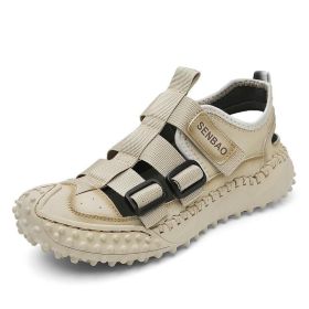 Men Sandals Summer Breathable Outdoor Hiking Beach Shoes Male Non Slip Rubber Sole Slippers Handmade Patchwork Roman Sandalies (Color: Beige, size: 45)