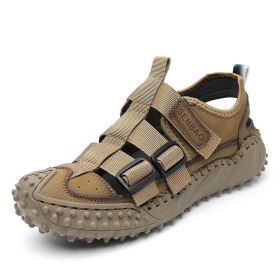 Men Sandals Summer Breathable Outdoor Hiking Beach Shoes Male Non Slip Rubber Sole Slippers Handmade Patchwork Roman Sandalies (Color: Auburn, size: 43)