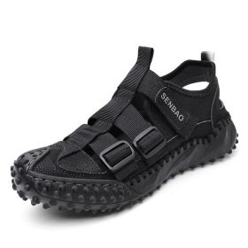 Men Sandals Summer Breathable Outdoor Hiking Beach Shoes Male Non Slip Rubber Sole Slippers Handmade Patchwork Roman Sandalies (Color: Black, size: 38)